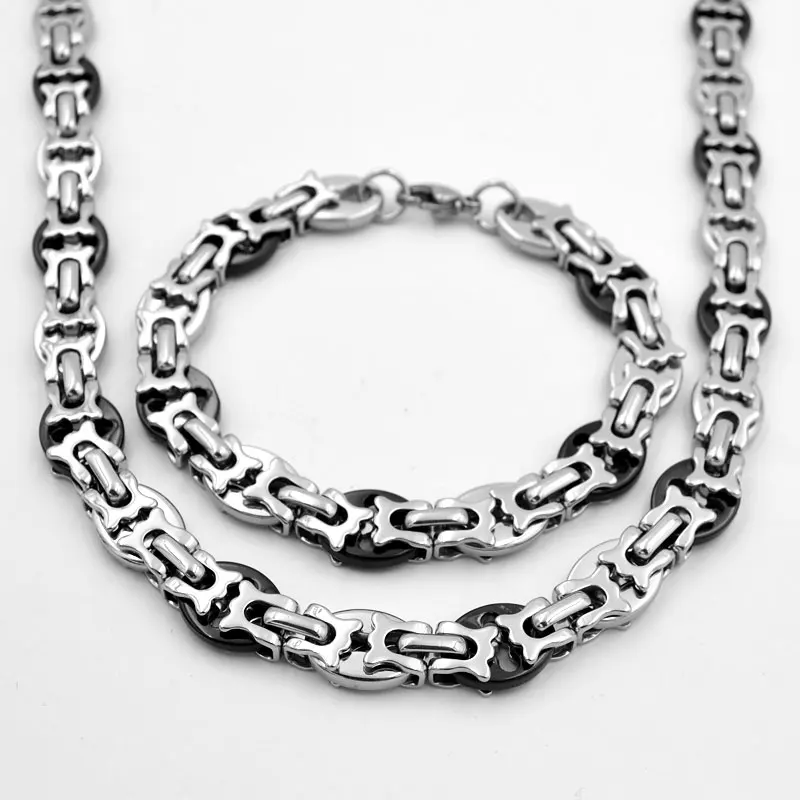 SUNNERLEES 316L Stainless Steel Necklace Bracelet Set 10mm Geometric Byzantine Link Chain Gold Silver Color Men Women SC72 S