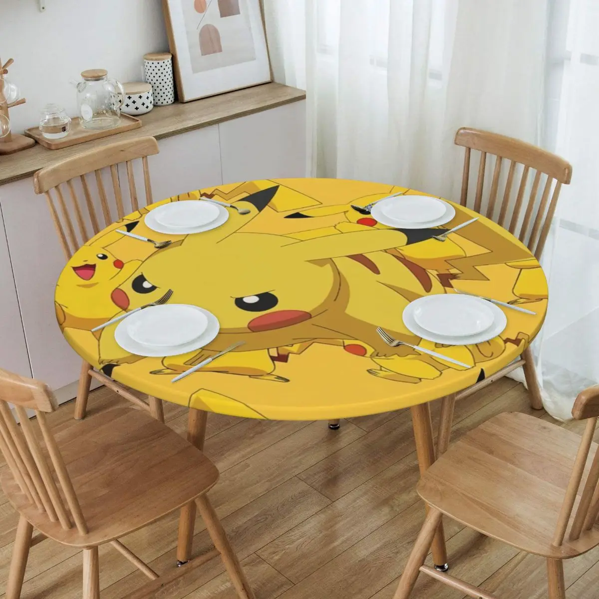 Round Waterproof Pikachu Anime Cartoon Video Games Table Cover Elastic Fitted Table Cloth Backed Edge Tablecloth for Picnic