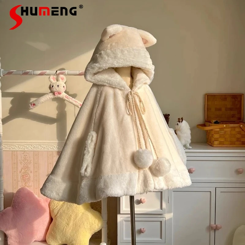 

Original Sweet Lolita Faux Fur Hooded Cloak Winter New Women's Warm Thick Soft Short Jacket Girls Y2K Capes Laides Ponchos 2025