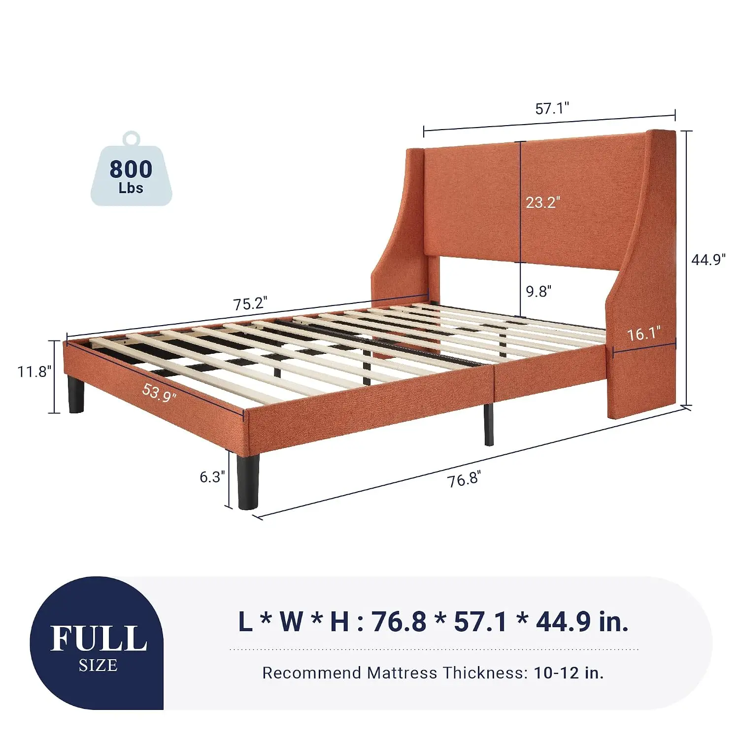 Full Size Platform Bed Upholstered Wingback Headboard Wood Slat Mattress Foundation, Customized