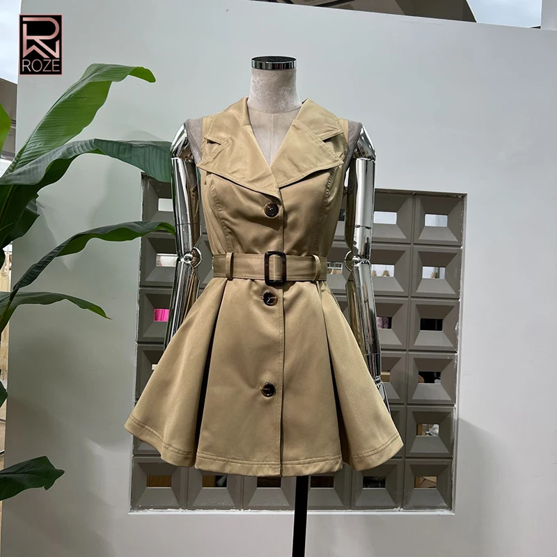 

Темпераментные однотонные ремни-туники, платья трапециевидной формы для женщин, темпераментное платье без рукавов с лацканами и высокой талией, женская мода