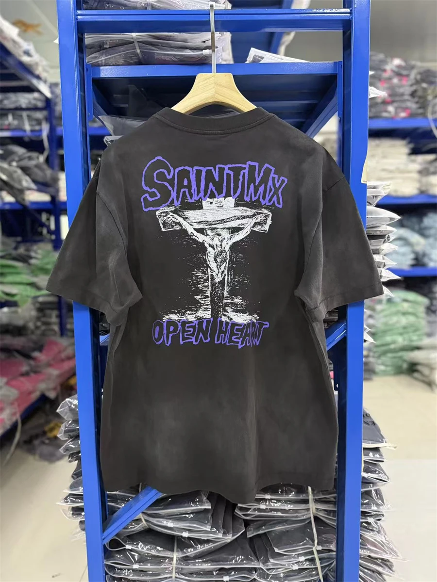 SAINT Mx6 Retro Washed Vintage Skeleton Letter Printed Round Neck Short Sleeved Cotton Street Versatile Loose Casual T-shirt