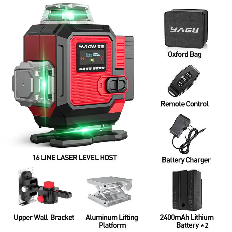 YAGU 12/16 linii poziom lasera inteligentny wyświetlacz 3/4d zielona linia automatyczne poziomowanie 360° pozioma i pionowa krzyżowa laserowa