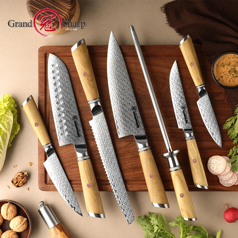 1-7 Pcs Damascus Kitchen Knife Set Japanese Damascus Knife Chef Utility Bread Paring Knives Sashimi Slicing Cutter GRANDSHARP