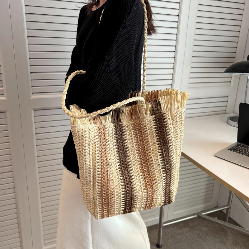 Fashion Straw Woven Shoulder Bag Stripes Handmade Summer Beach Top-handle Handbag Travel Holiday Women Vacation Shopper Totes