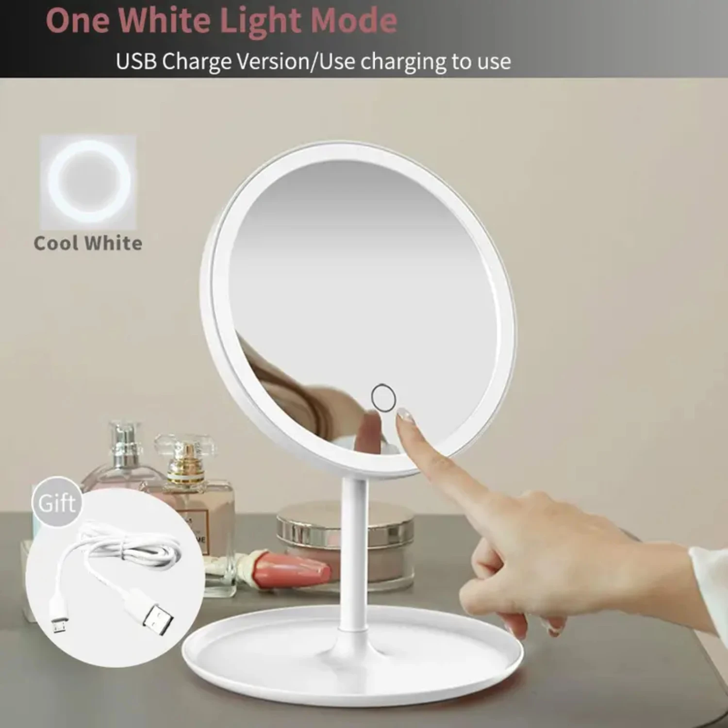 Lighted Touch Screen Plug-in LED Makeup Mirror with Convenient USB Charging Cord for Effortless Makeup Application and Flawless