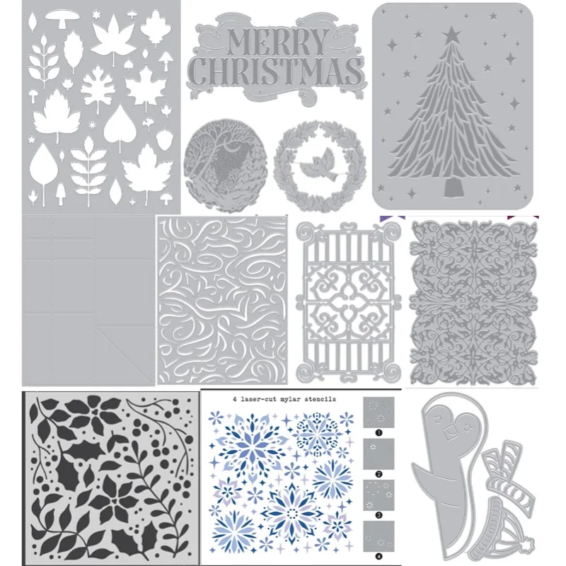 メリークリスマスのための金属切断型ステンシル、森のフィリグリーの木、ミシン目秋のパターン、華やかなゲート、雪片、新しい、2022、冬