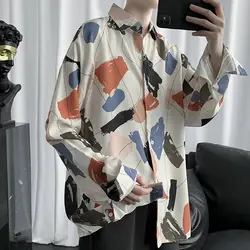 Spring Autumn New Turn-down Collar Fashion Long Sleeve Shirt Man High Street Casual Loose Button Cardigan Printing Y2K Tops