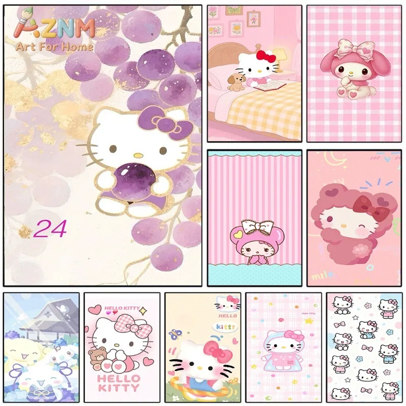 Hello Kitty My Melody Canvas Poster Cute Sanrio Cartoon Print Unframed Canvas Art Purple Grape Pink Plaid Sweet Aesthetic Wall