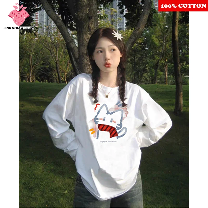 

ins Cartoon Cat Print T-shirt Women Autumn 2025 New 100% Cotton Oversized White Base Long sleeved T-shirt Y2k Top kawaii clothes