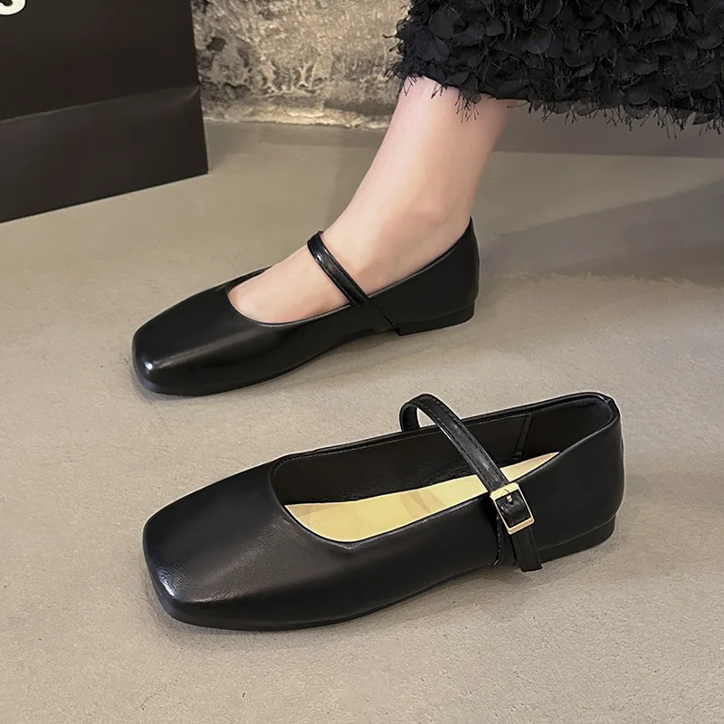 Autumn Winter Designer Mary Janes Shoes for Women Fashion Casual Square Head Flats Ladies Solid Color Buckle Leather Shoes Woman