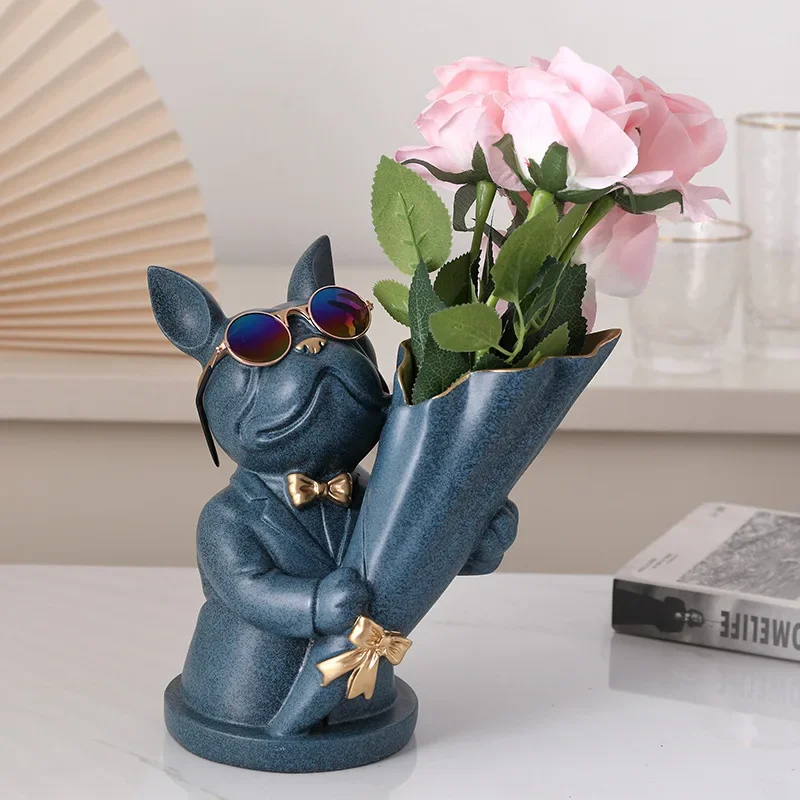 23CM Modern Resin Bouquet French Bulldog Dog Statue Vase Flower Arrangement Artist Home Decoration Gift