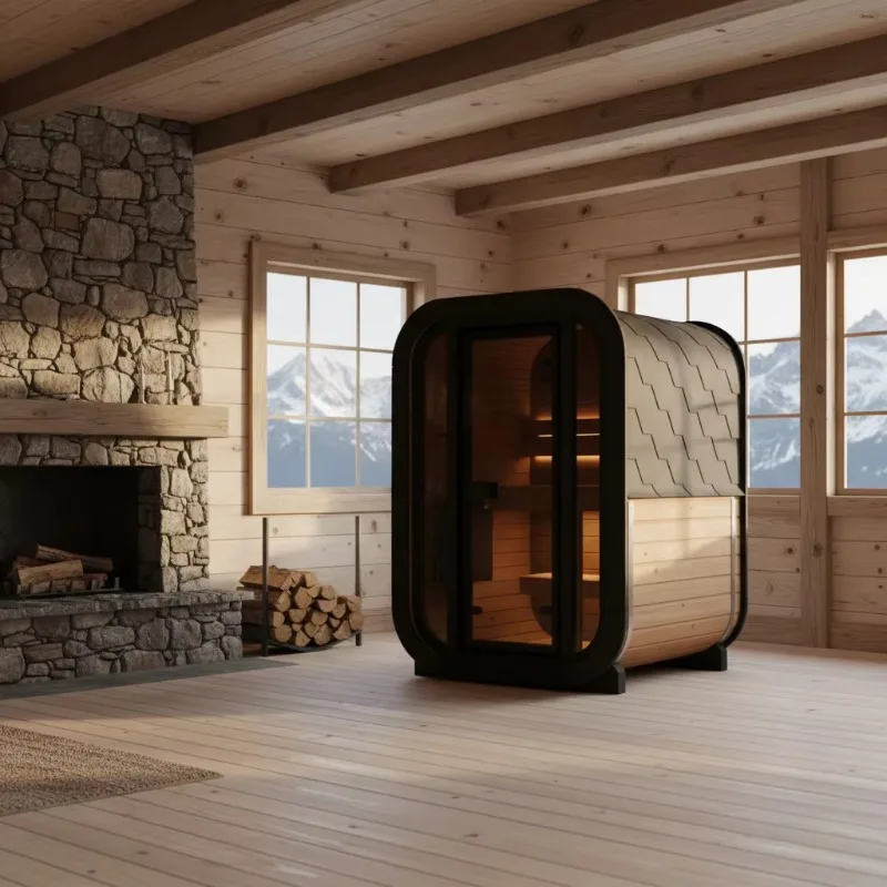 Customized 2 Person Outdoor Hemlock Cube Sauna Room, Panoramic Glass Solid Wood Steam Sauna with Wood Burning Stove