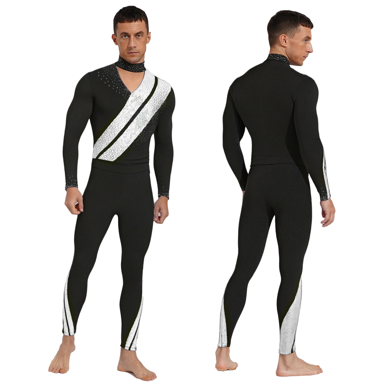 男性用伸縮性のあるスパンコールボディスーツ、鐙付きレギンスセット、バレエ、ラテン、体操、アクロバット、ヨガ、ワークアウト、ダンスコスチューム用