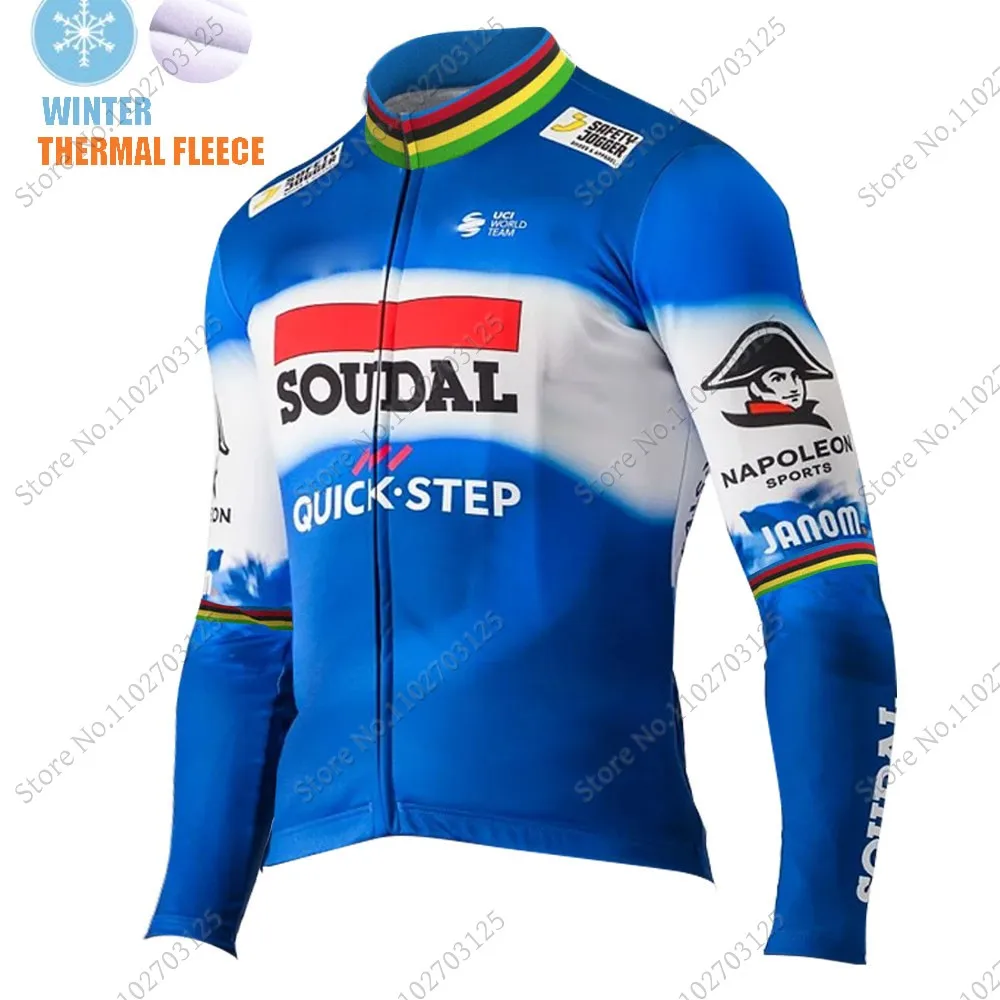 2024 World Champion Soudal Quick Step Team Cycling Jersey Set Long Sleeve Themal Fleece Clothing Suit MTB Bike Road Pants Bib