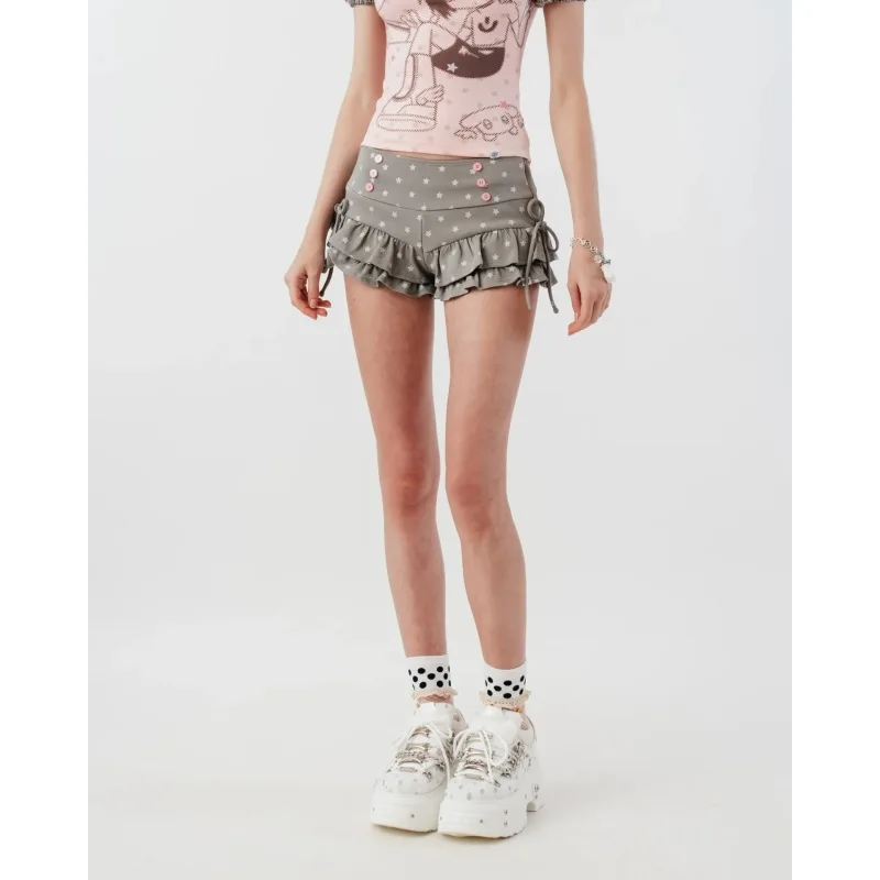 European and American women's double-layer ruffled edge drawstring retro punk low waist double breasted short skirt pants