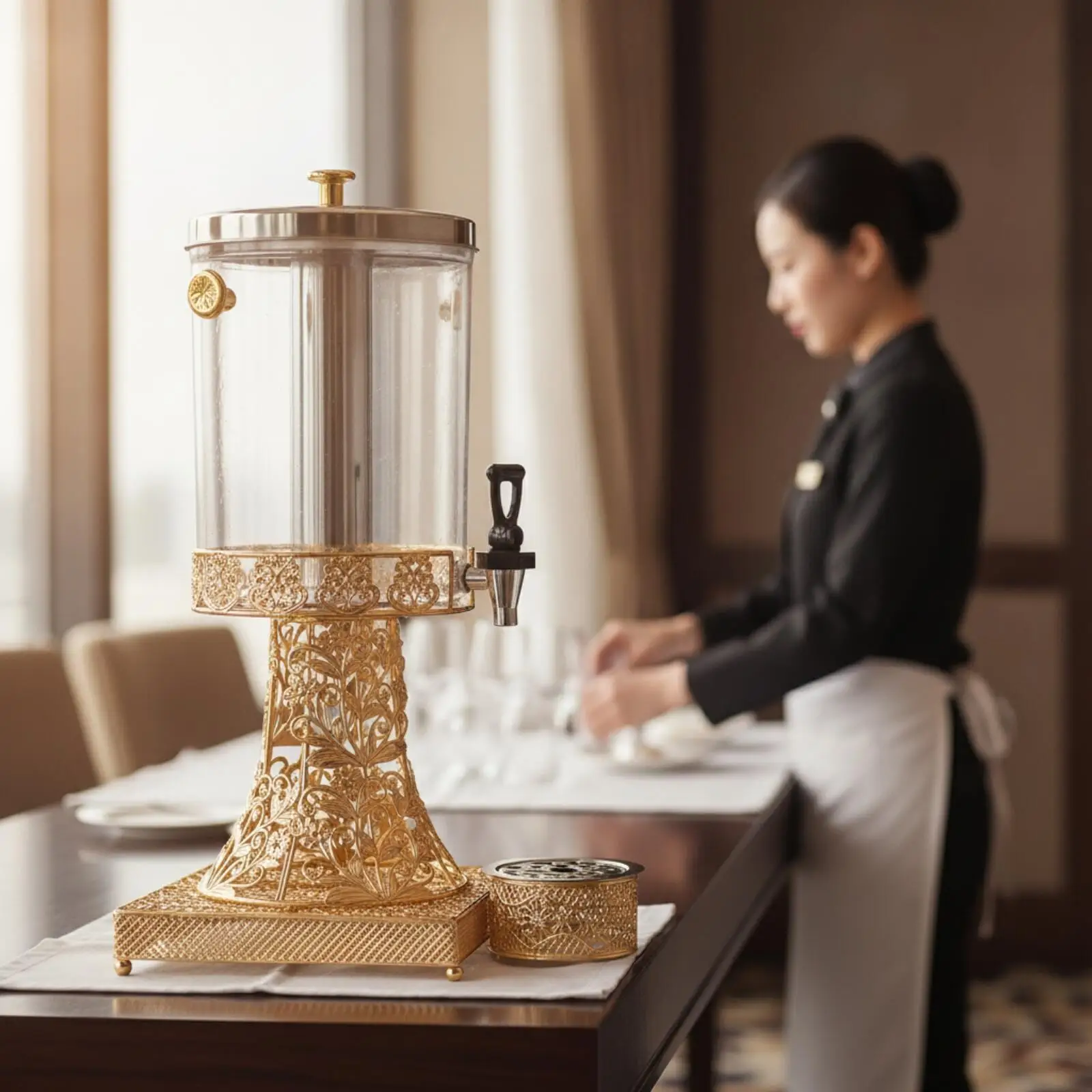 8 L Beverage Dispenser with Cooling Column Decorative Cylindrical Drink Dispenser with Drip Tray Transparent for Caterers,
