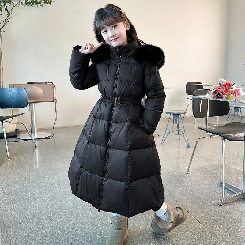 

2025 Winter Kids' Plus Size Down Coat for Girls Longline Korean Style Thickened Fur Collar Fitted Waist Jacket Winter Outerwear