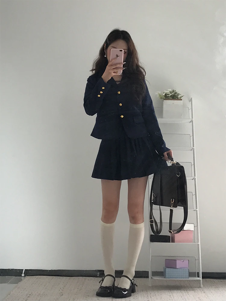 Minceur coréen collège Sle costume ensemble femmes automne nouveau k bleu costume Jaet jupe plissée deux pièces ensemble Faionable