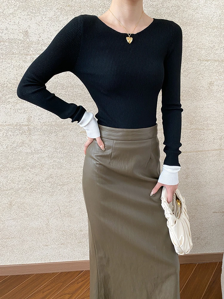 [EAM] Coffee Color-block Slim Knitting Sweater Round Neck Long Sleeve Women Pullovers New Fashion Spring Autumn 2024 1DH7372