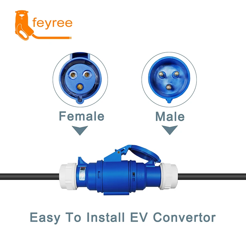 Fey123-Chargeur EV Portable avec Prise Femelle CEE, Adaptateur 3 Broches, Connexion Étanche, Prise Murale, 32A, 1Phase, 7KW