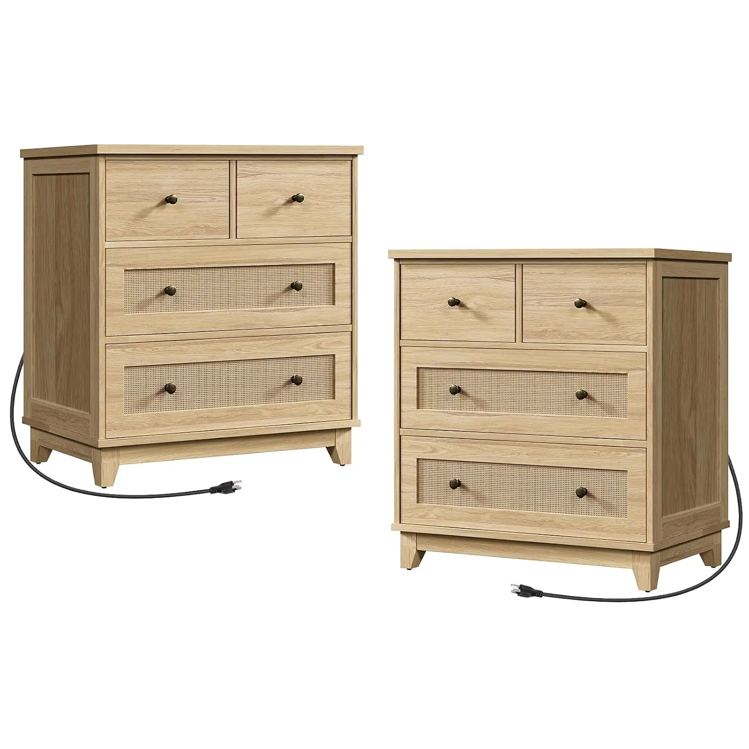 Rattan Nightstand with Charging Station & 4 Drawers, 27.6