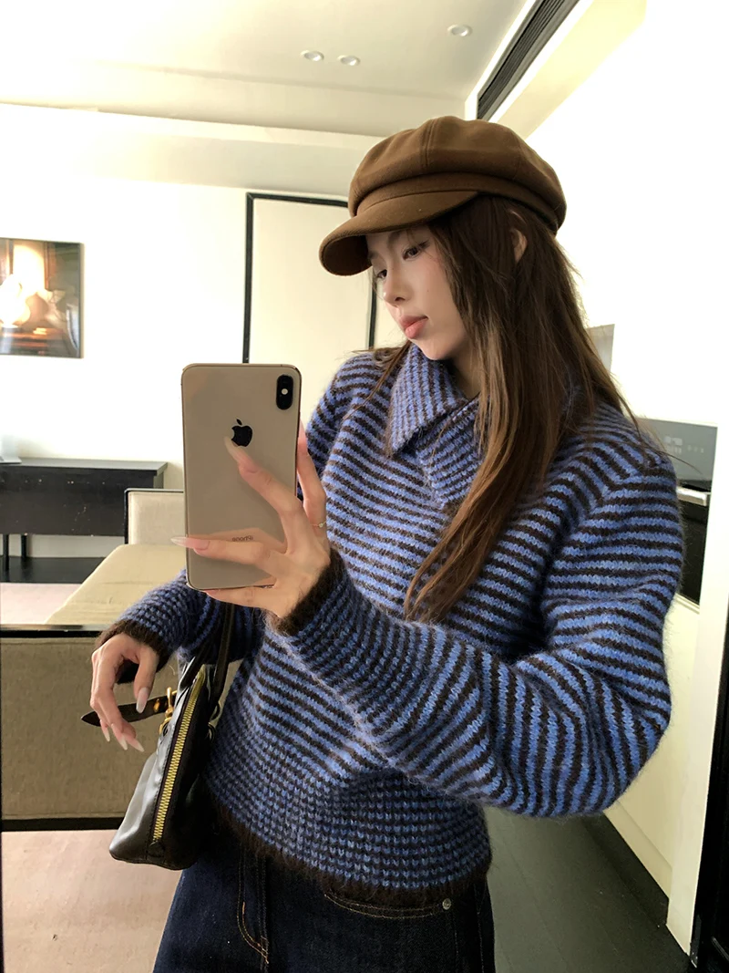 

Корейский полосатый открытый кардиган, свитер, женский осенне-зимний вязаный топ с нерегулярным воротником