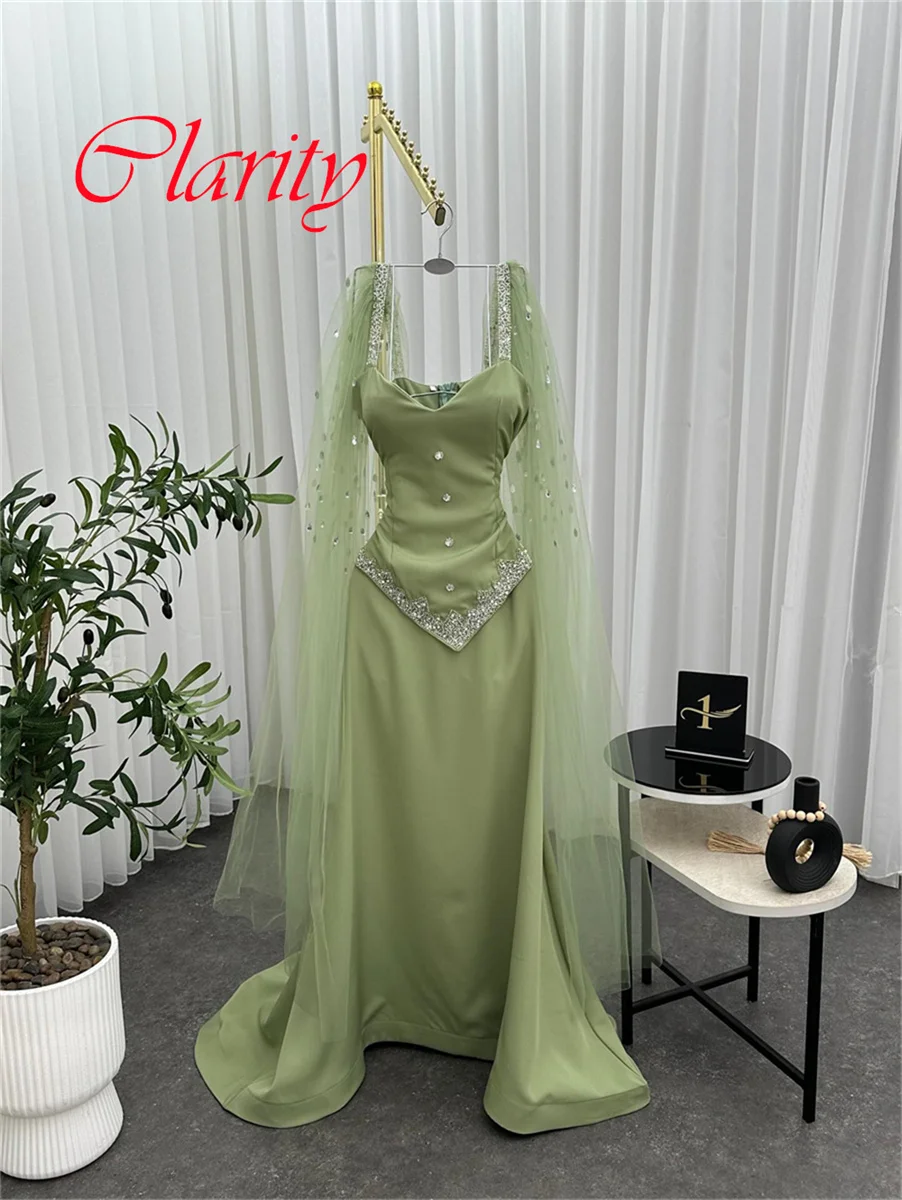 

Customized Exquisite Green Jersey Evening Dress Elegant V-Neck Spaghetti Straps Zipper Back Crystal Special Occasion Gowns