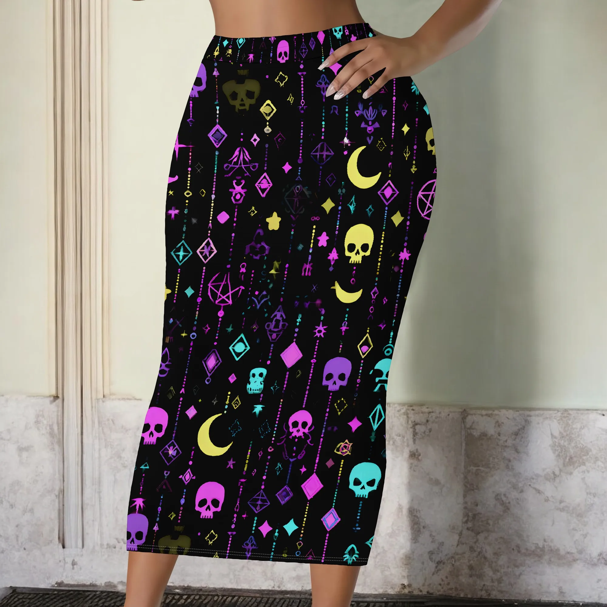 Gothic Print Midi Skirt, Neon Skulls   Occult Symbols, Moon Phase   Pentagram Pattern, Party Wear for Women, S-2XL