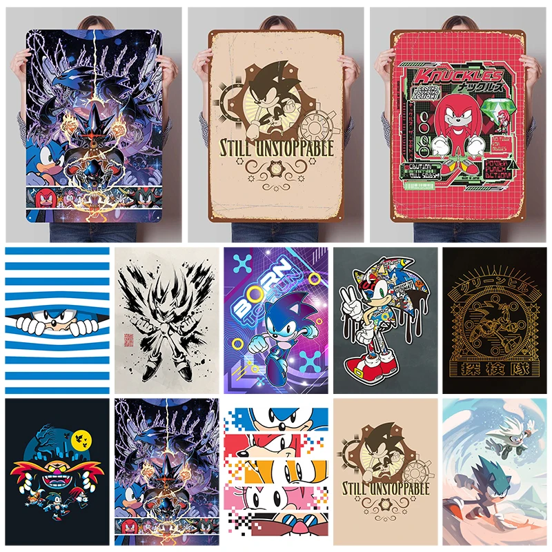 Classic Anime Movie Posters Sonic the Hedgehogs Metal Signs Aesthetic Room Decor Men Custom Tin Plaques for Wall Art Decoration