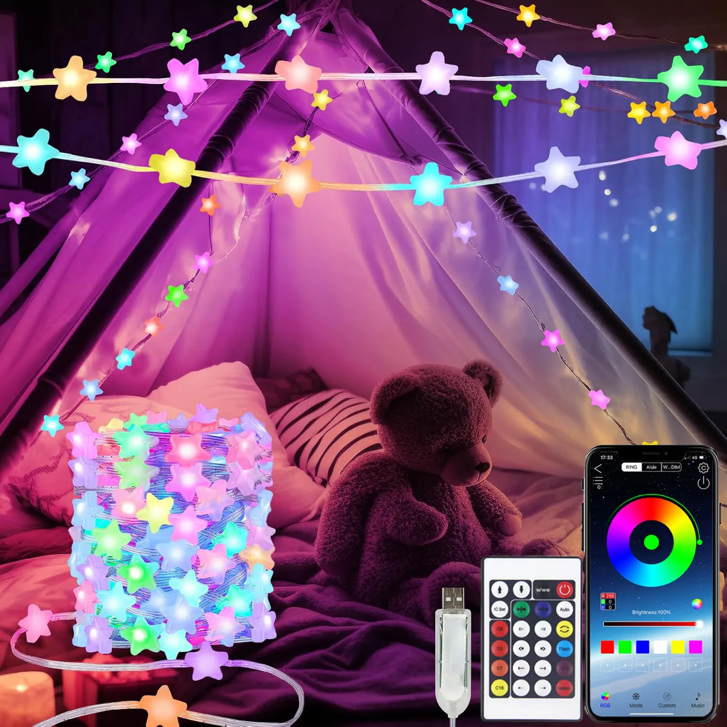 RGB Fairy Lamp ,10M String Light with App & Remote Control Music Rhythm Timer for Halloween Christmas Indoor Bedroom Party Deco