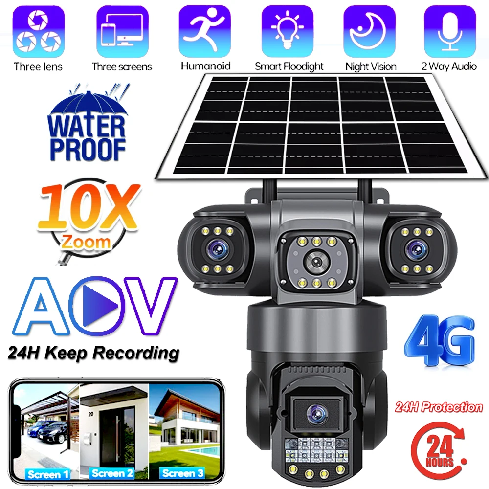 Cámara Solar V380 Pro AOV, tarjeta SIM 4G, cámaras de seguridad inalámbricas, 3 lentes, 15MP, PTZ, hogar inteligente, grabación 24H, videovigilancia IP