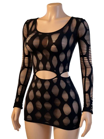 Women Long Sleeve Mesh Mini Dress, Waist Cutout Sheer Outfit for Role Play,Date Nights&Evening Parties (One size fits 88-132lbs）