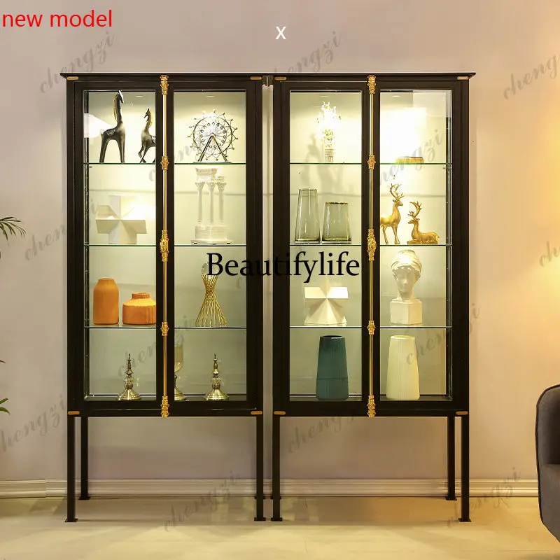 DD182Retro wrought iron glass display, high-footed display cabinet, antique ceramic tea set, display, wine cabinet