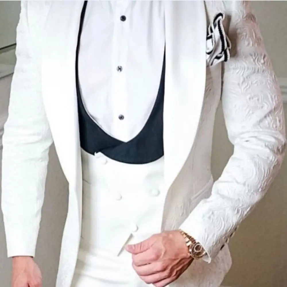 

New StyleMen Suits White and Black Groom Tuxedos Shawl Satin Lapel Groomsmen Wedding Best Man ( Jacket+Pants+Vest )