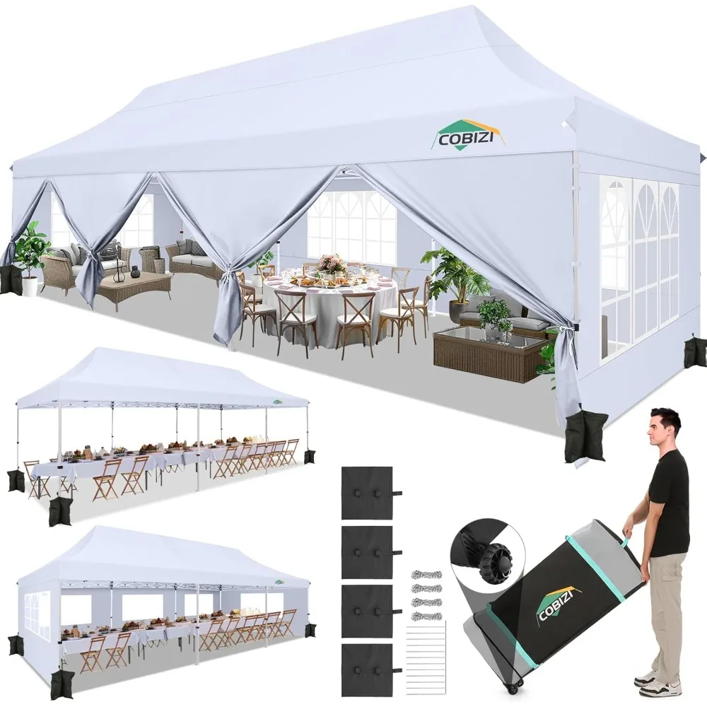 

10x30 Pop Up Canopy with 8 Removable Sidewalls, Easy Setup Party Tent for Wedding with 3 Adjustable Height, Canopy