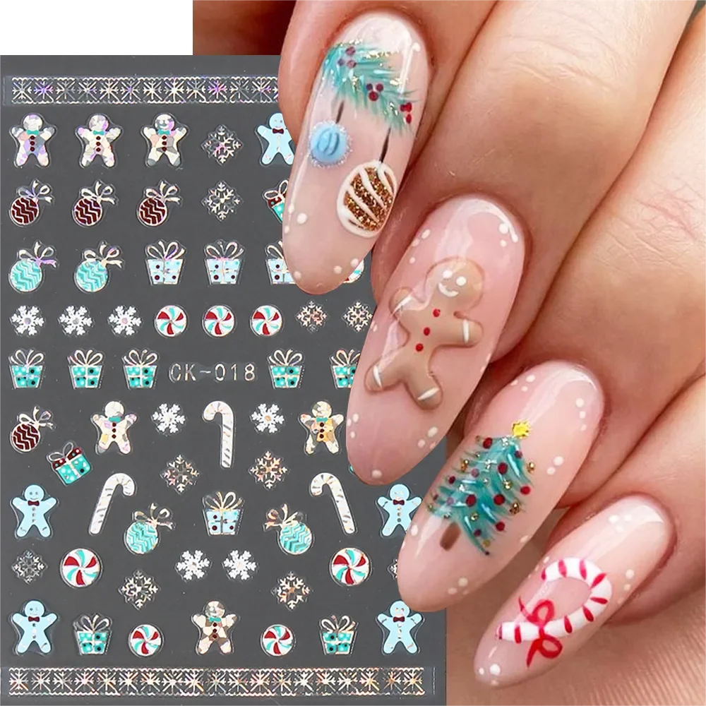 3D Laser Christmas Nail Stickers Gold Santa Claus Gingerbread Man Snowman Elk Nail Decals New Year Decor Manicure Foils GLCK-018