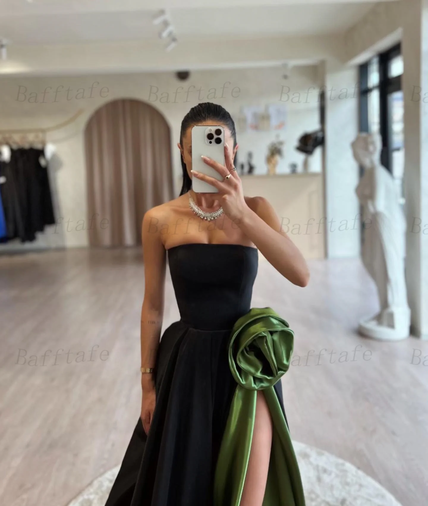 Bafftafe Black Green Satin Long Prom Dresses 3D Flowers High Slit Women Formal Party Gowns Sweep Train Evening Dress Customized