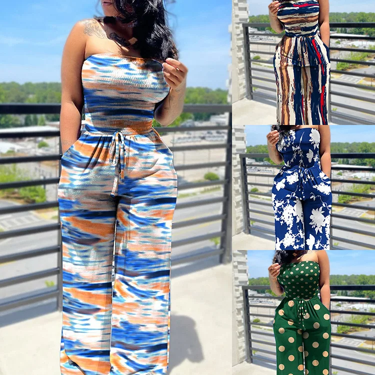 One Piece Women Jumpsuits Strapless Sleeveless Lace Up Y2k High Waist Overalls Wide Leg Long Pants Casual Slim Elegant Rompers