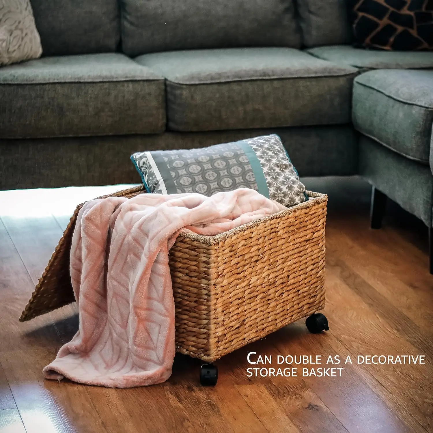 Woven Seagrass Rolling File Cabinet with Casters, Hanging Folder Storage Basket for Desk