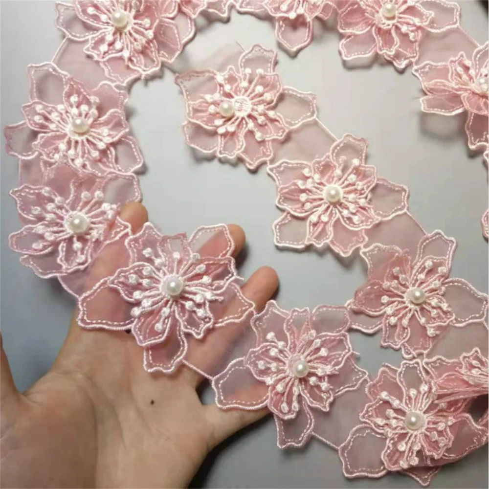 10Pcs/Lot Pink Bowknot Pearl Embroidered Lace Trim Fabric Lace Ribbon Handmade DIY Sewing Supplies Craft For Clothes Decoration