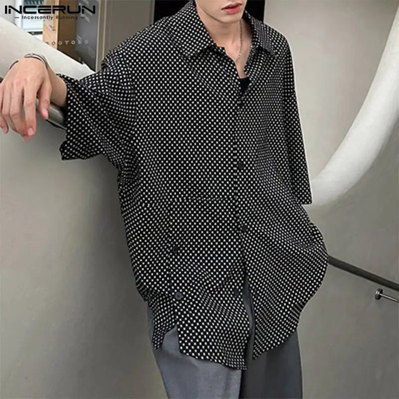 INCERUN Tops 2024 Korean Style Fashion Men\'s Polka Dot Multi Button Shirts Handsome Male Three-quarter Sleeve Lapel Blouse S-5XL