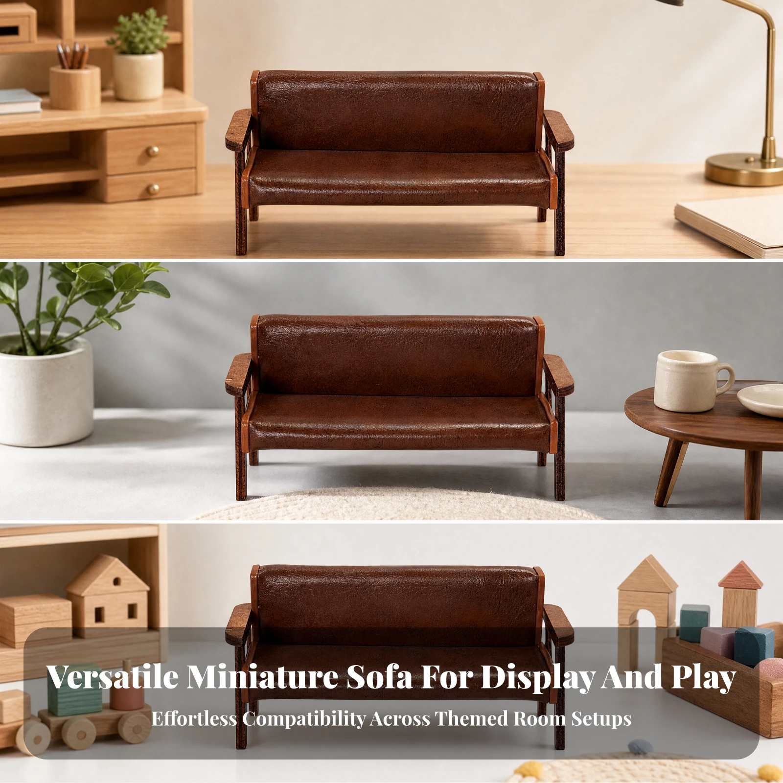 Miniature Wooden Sofa Toy Padded Three-Seat Miniature Sofa Furniture Detailed Compact for Crafters, Dollhouse Displays