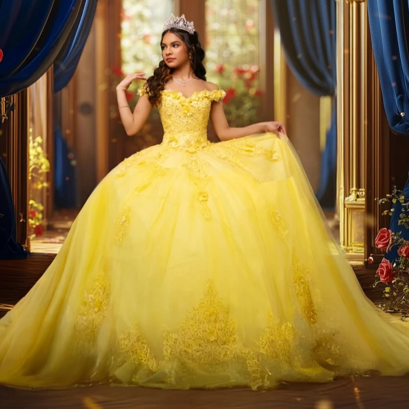 

Yellow Shiny Quinceanera Dresses Off The Shoulder Applique Flower Beads Tull Corset Party Birthday Sweet 16 Dress Vestidos 15