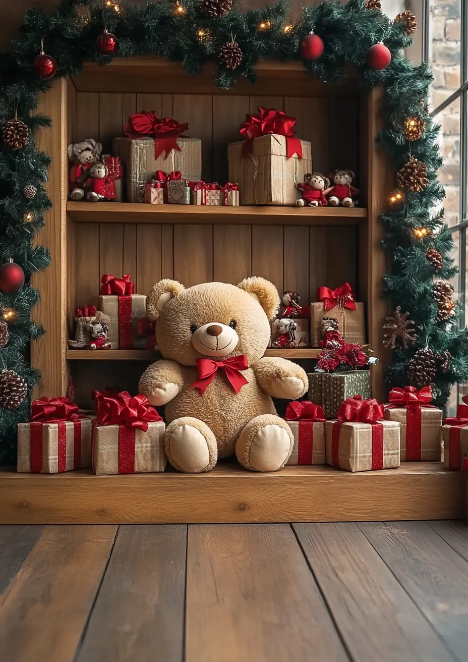 Mocsicka Christmas Bear Background Photography Home Wood Floor Gifts Tree Kids Baby Backdrop Props Room Decorations Photo Studio