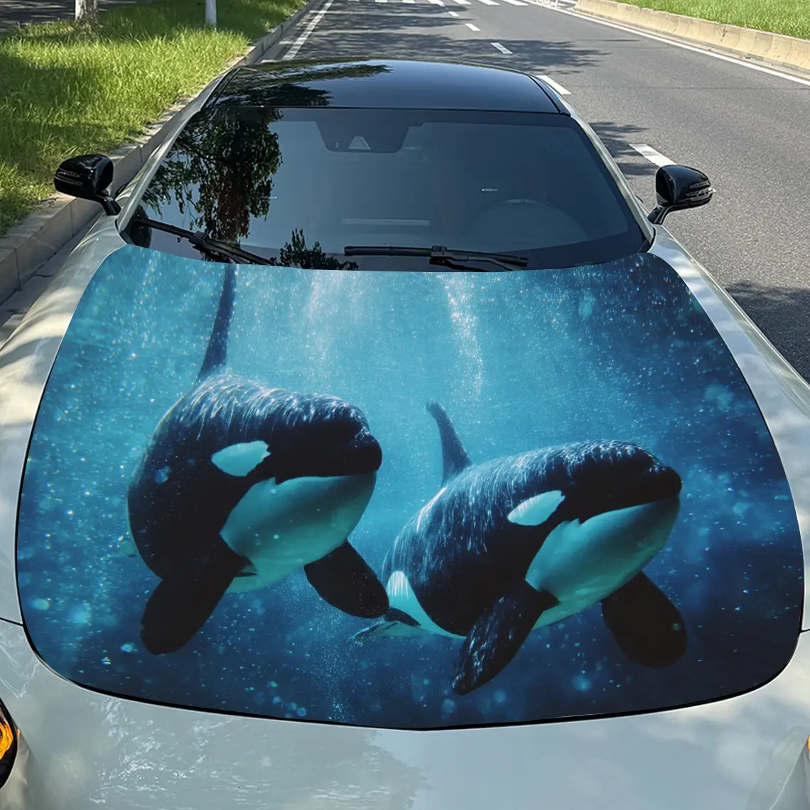 

Ocean - style Orca PVC Car Hood Wraps, Self-Adhesive Waterproof Car Bonnet Decal Sticker, Car Decoration Protection Stickers for