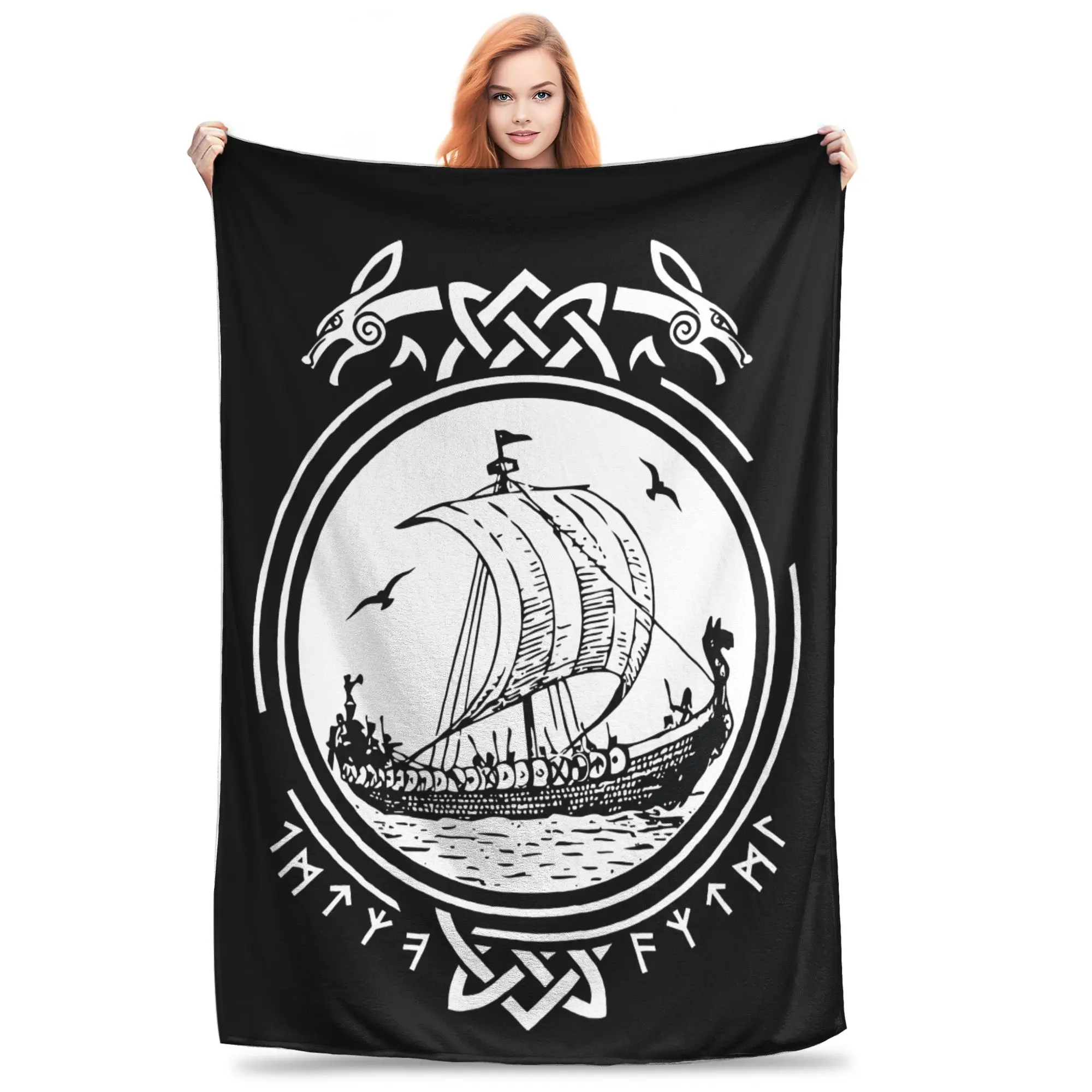 1PC Viking Ship Boat Runes Wikinger Vikings Blanket Throw Blanket  Novelty Warm Blanket All Season Gift