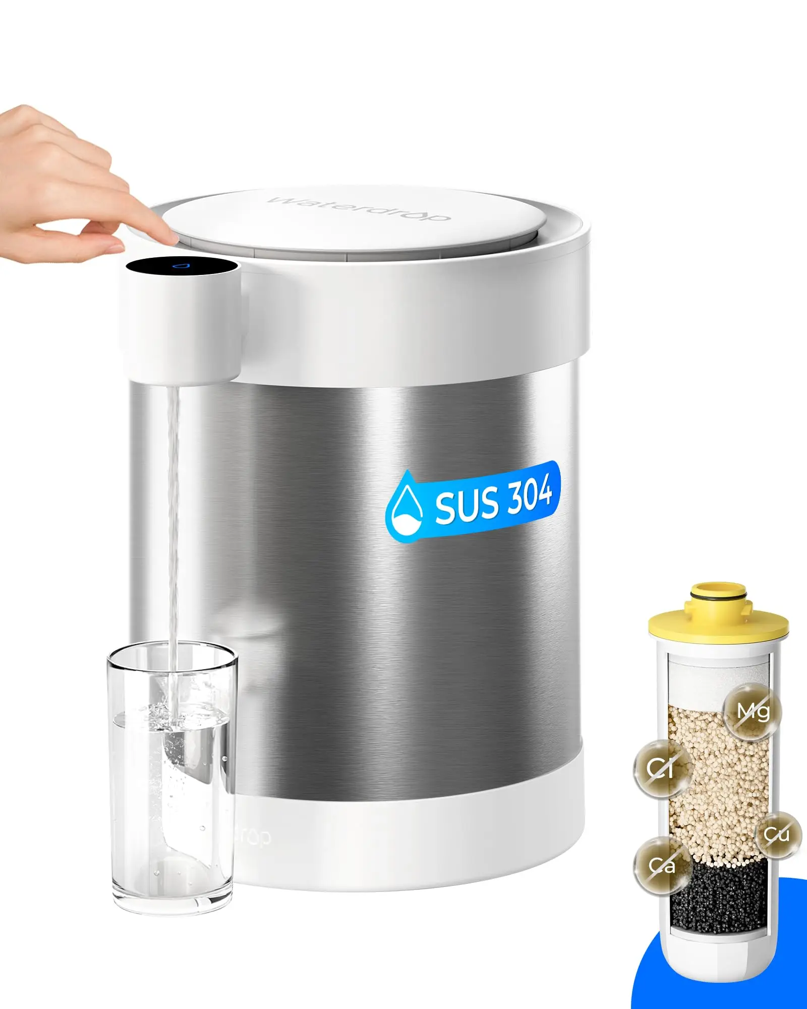 Waterdrop ED21W Rechargeable Non-Gravity Water Filter System, 5-Stage Stainless Steel Countertop Filtration, Reduce 70+ Contaminants, Lead, Chlorine And Cadmium, 22-Cup