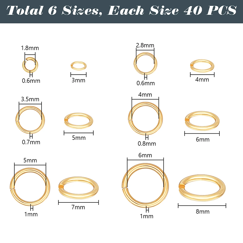 240pcs 6 Sizes 24K Gold Plated Jump Rings Golden Open Jump Rings 3/4/5/6/7/8mm Brass Jewelry Connector Ring O Ring for Earrings