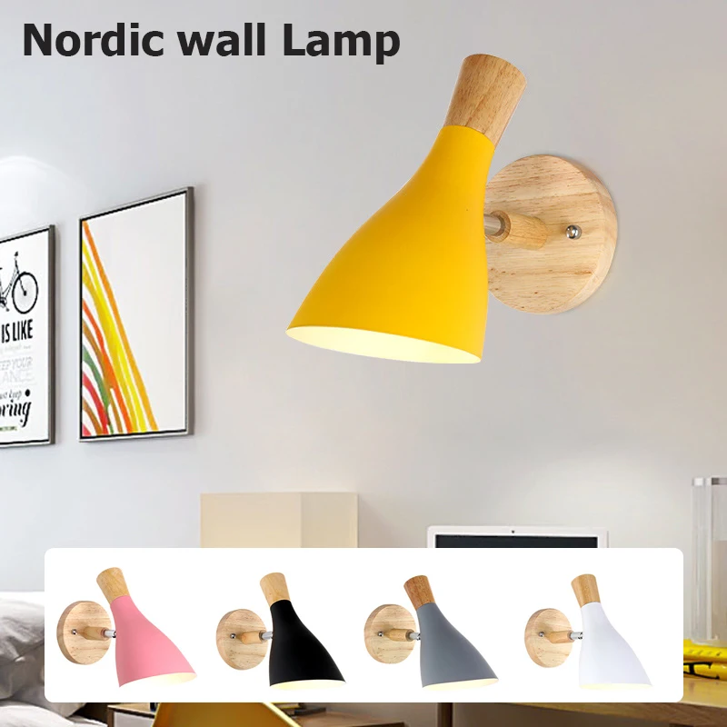 

Modern Nordic Wall Lamp E26 E27 Macaron Solid Wood Wall Light Wall Sconce 90-260V Nordic For Bedroom Steering